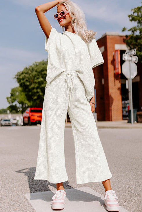 Textured Solid Loose Fit Wide Leg Pant Set