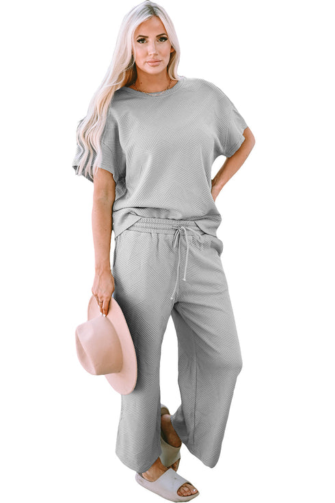 Textured Solid Loose Fit Wide Leg Pant Set