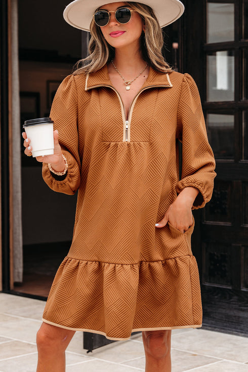 Textured Solid Quarter Zip Collar Bracelet Sleeve Mini Dress