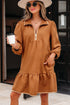 Textured Solid Quarter Zip Collar Bracelet Sleeve Mini Dress