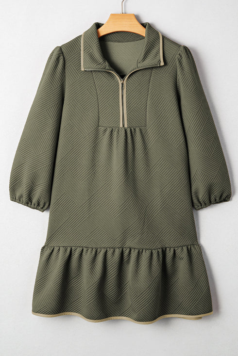Textured Solid Quarter Zip Collar Bracelet Sleeve Mini Dress