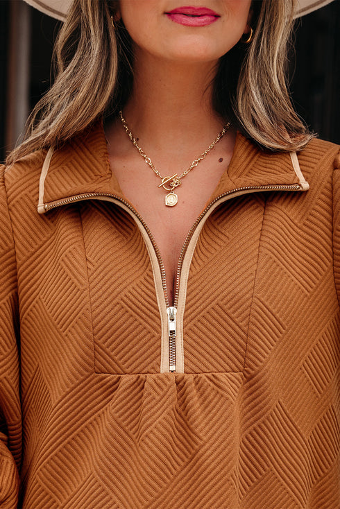 Textured Solid Quarter Zip Collar Bracelet Sleeve Mini Dress