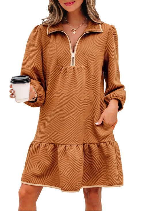 Textured Solid Quarter Zip Collar Bracelet Sleeve Mini Dress
