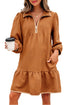 Textured Solid Quarter Zip Collar Bracelet Sleeve Mini Dress