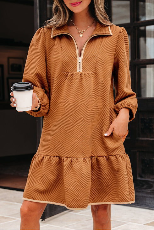 Textured Solid Quarter Zip Collar Bracelet Sleeve Mini Dress