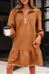 Textured Solid Quarter Zip Collar Bracelet Sleeve Mini Dress