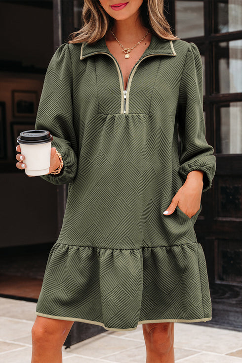 Textured Solid Quarter Zip Collar Bracelet Sleeve Mini Dress