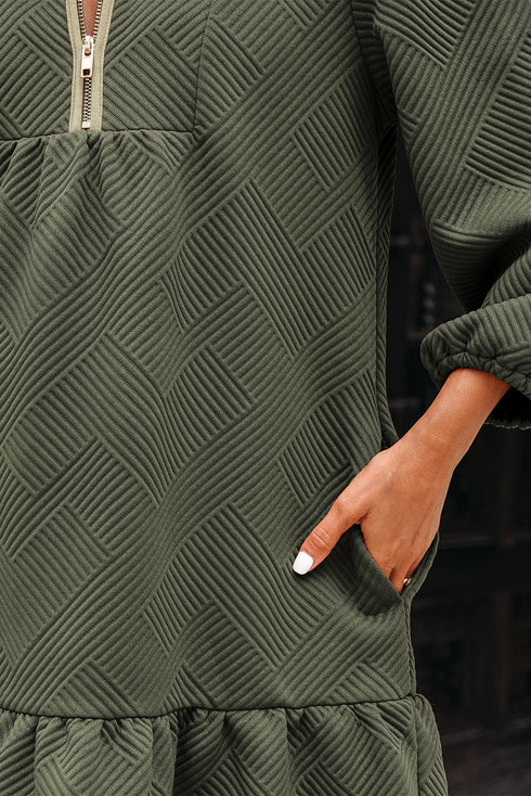 Textured Solid Quarter Zip Collar Bracelet Sleeve Mini Dress