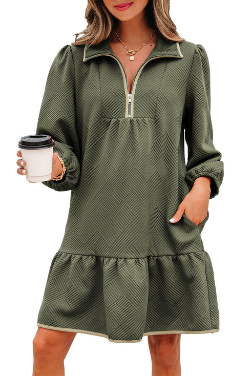 Textured Solid Quarter Zip Collar Bracelet Sleeve Mini Dress
