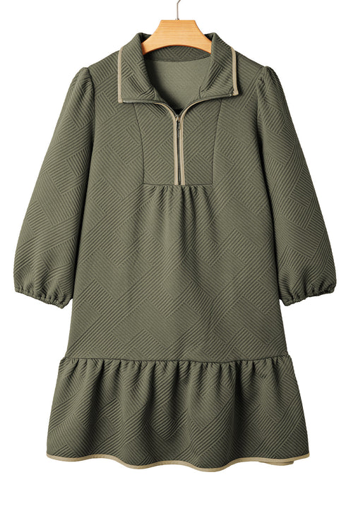 Textured Solid Quarter Zip Collar Bracelet Sleeve Mini Dress