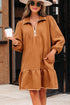 Textured Solid Quarter Zip Collar Bracelet Sleeve Mini Dress