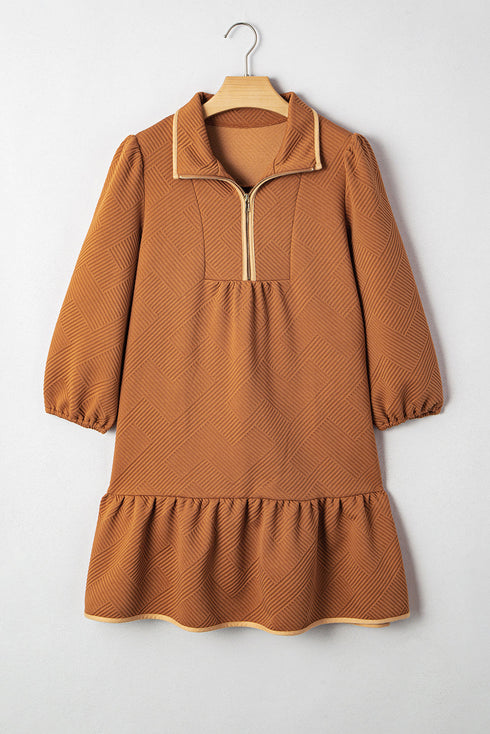 Textured Solid Quarter Zip Collar Bracelet Sleeve Mini Dress