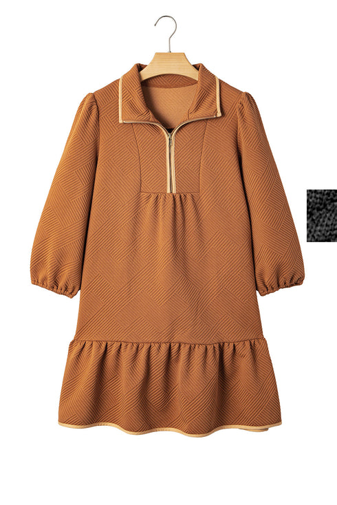 Textured Solid Quarter Zip Collar Bracelet Sleeve Mini Dress