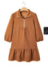 Textured Solid Quarter Zip Collar Bracelet Sleeve Mini Dress