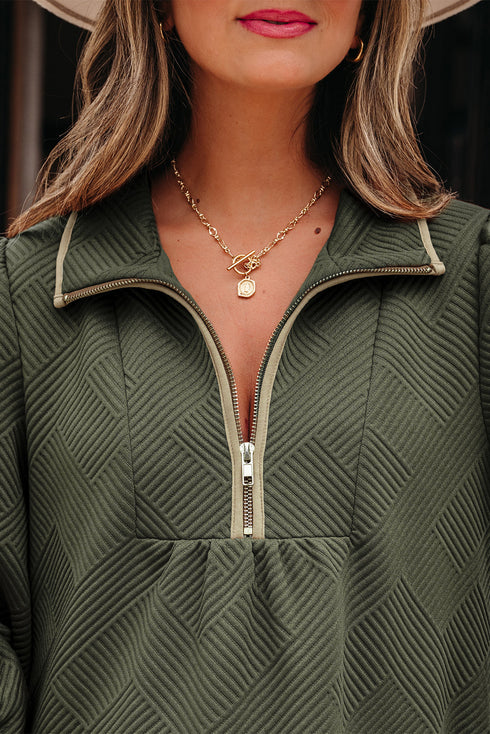 Textured Solid Quarter Zip Collar Bracelet Sleeve Mini Dress
