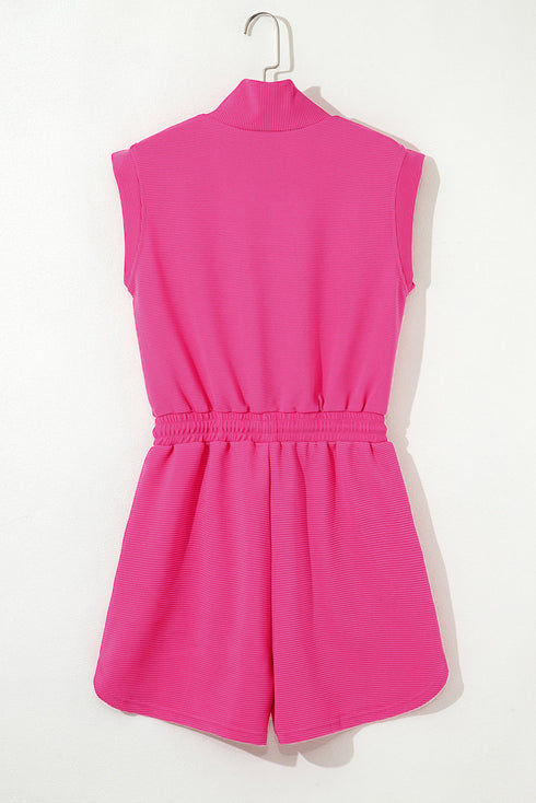 Textured Solid Short Sleeve Half Zip Drawstring Romper