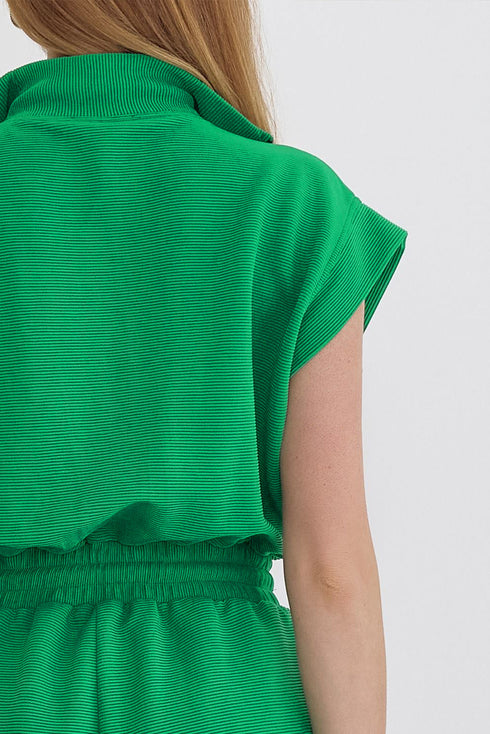 Textured Solid Short Sleeve Half Zip Drawstring Romper