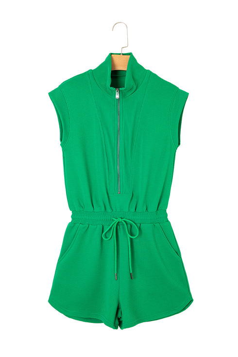 Textured Solid Short Sleeve Half Zip Drawstring Romper