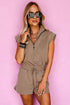 Textured Solid Short Sleeve Half Zip Drawstring Romper