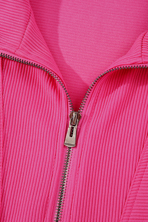 Textured Solid Short Sleeve Half Zip Drawstring Romper