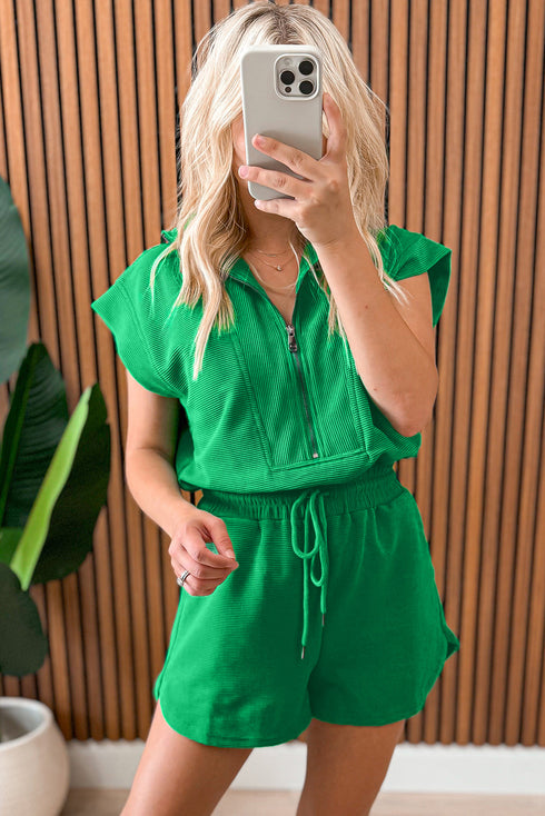 Textured Solid Short Sleeve Half Zip Drawstring Romper