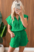 Textured Solid Short Sleeve Half Zip Drawstring Romper
