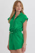 Textured Solid Short Sleeve Half Zip Drawstring Romper
