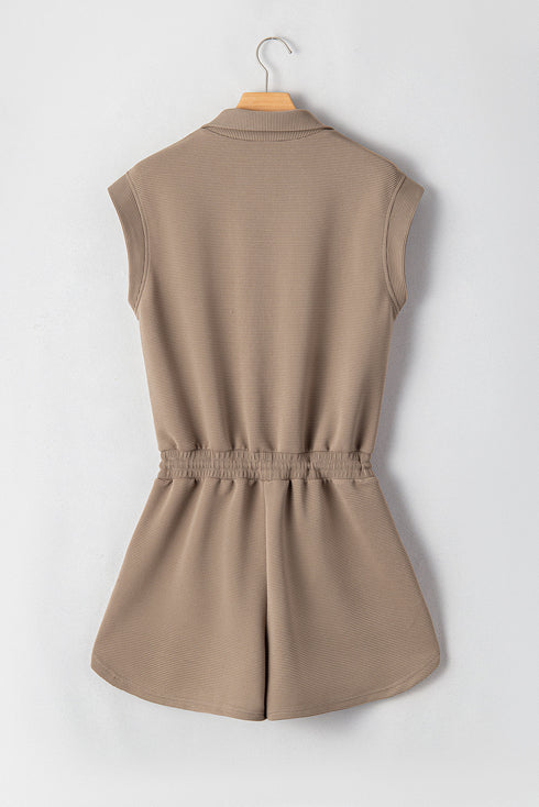Textured Solid Short Sleeve Half Zip Drawstring Romper