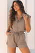 Textured Solid Short Sleeve Half Zip Drawstring Romper