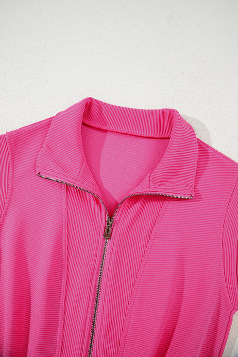 Textured Solid Short Sleeve Half Zip Drawstring Romper