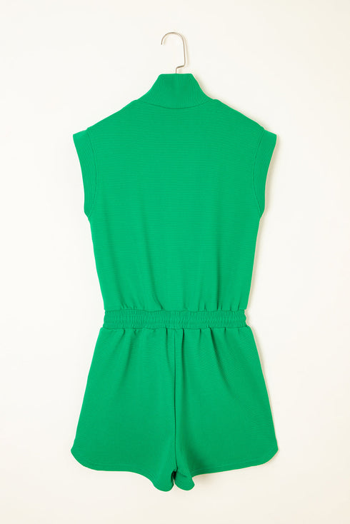 Textured Solid Short Sleeve Half Zip Drawstring Romper