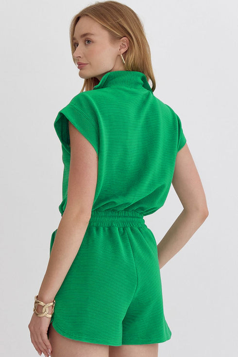 Textured Solid Short Sleeve Half Zip Drawstring Romper