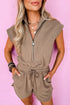 Textured Solid Short Sleeve Half Zip Drawstring Romper