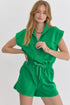 Textured Solid Short Sleeve Half Zip Drawstring Romper