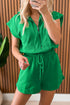 Textured Solid Short Sleeve Half Zip Drawstring Romper