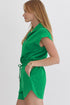 Textured Solid Short Sleeve Half Zip Drawstring Romper