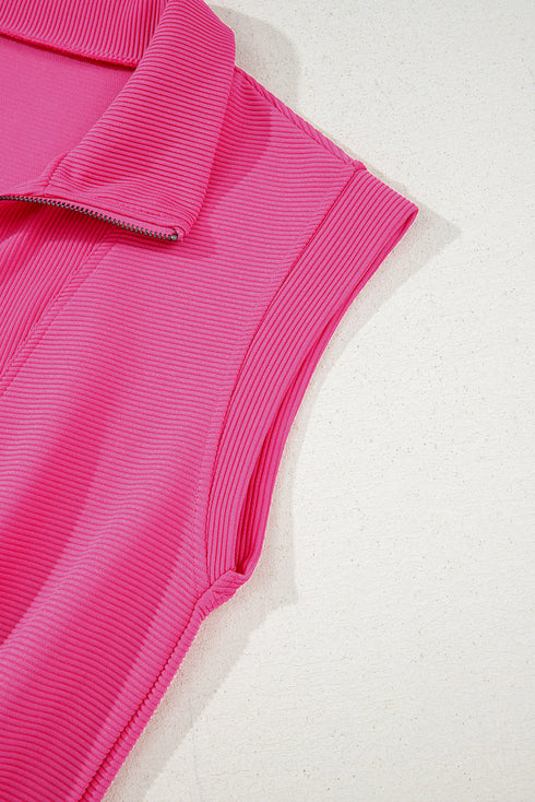 Textured Solid Short Sleeve Half Zip Drawstring Romper