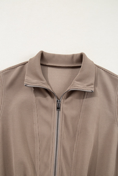 Textured Solid Short Sleeve Half Zip Drawstring Romper