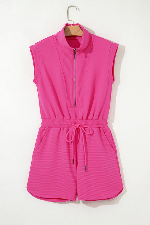 Textured Solid Short Sleeve Half Zip Drawstring Romper