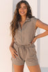 Textured Solid Short Sleeve Half Zip Drawstring Romper
