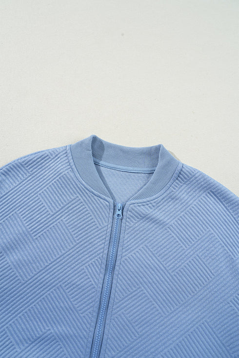 Textured Solid Stand Neck Zip Up Bomber Jacket