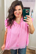 Textured Solid Tassel Tie Ruffle Short Sleeve Blouse