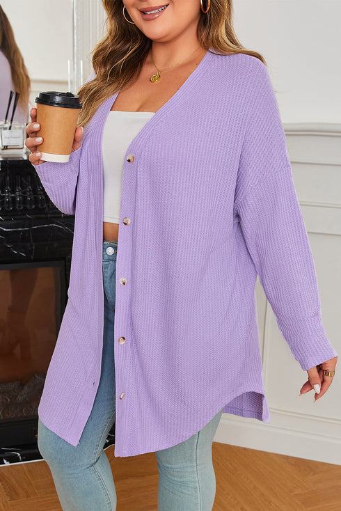 Textured Solid Waffle Knit Button Front Cardigan