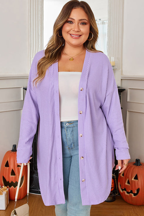Textured Solid Waffle Knit Button Front Cardigan