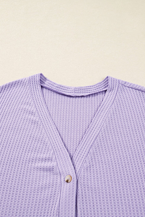 Textured Solid Waffle Knit Button Front Cardigan