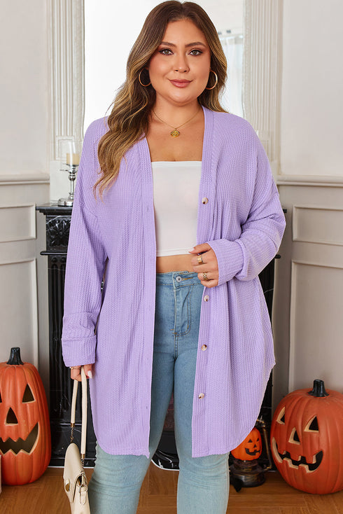 Textured Solid Waffle Knit Button Front Cardigan