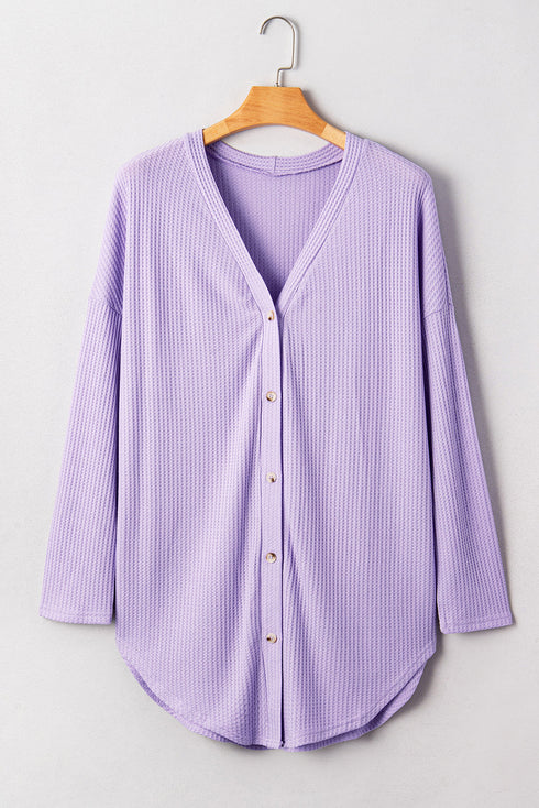 Textured Solid Waffle Knit Button Front Cardigan