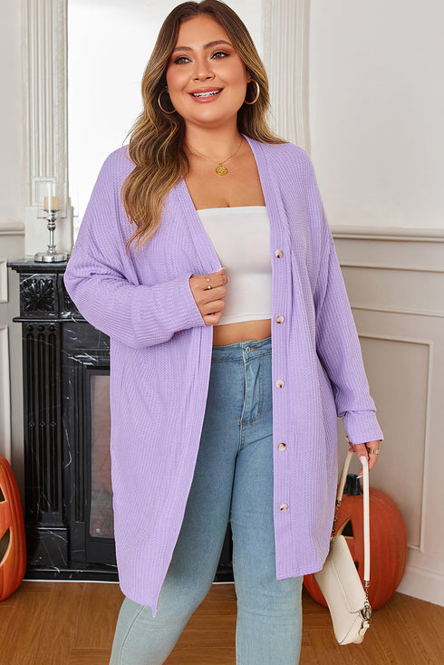 Textured Solid Waffle Knit Button Front Cardigan