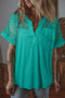 Textured Split Neck Short Sleeve Lace Patchwork Blouse