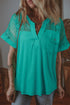 Textured Split Neck Short Sleeve Lace Patchwork Blouse